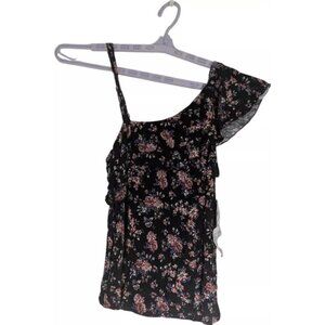 Almost Famous Floral Black One-Shoulder Sleeveless Blouse Top Med Medium Trendy